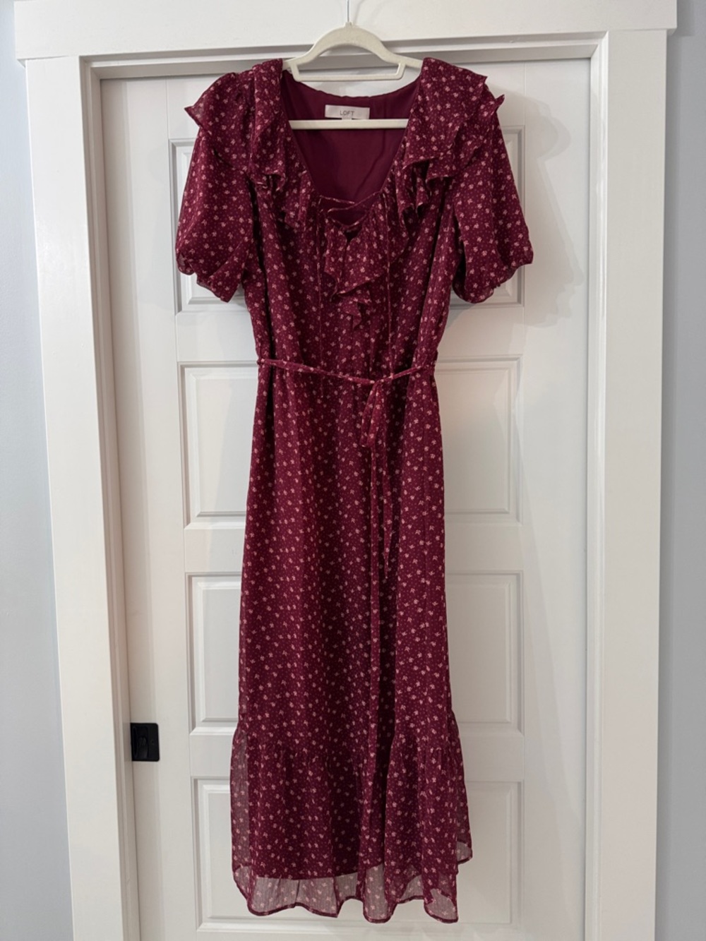 LOFT Wine Floral Ruffle Tie-Waist Maxi Dress